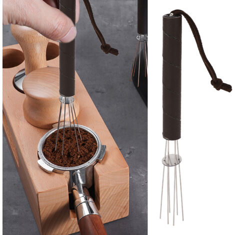 Aguja dosificadora de café antigrumos, herramienta para remover el café fabricada en acero inoxidable 304 con mango de cuero y cordón. (1/5)