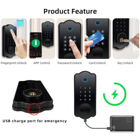 Cerraduras inteligentes + Automáticas + IP65 + 5 funciones + Zinc + Negro + Para la aplicación TTlock + Tarjetas IC + 100 huellas dactilares + 150 códigos + Juego de manillas para puertas interiores + (1/5)