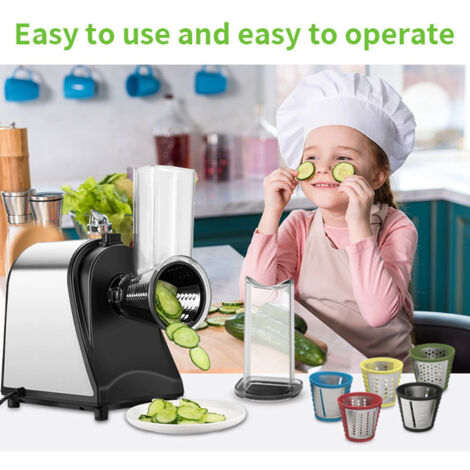 Procesador de alimentos eléctrico (1000 W) – 6 en 1: rebanar, picar y rallar – funcionamiento con un solo botón – acero inoxidable – enchufe europeo de 220 V – negro y plata (1/5)