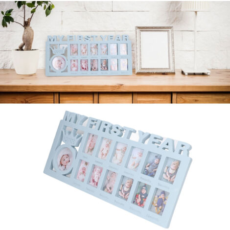 Marco de fotos para recién nacidos con 12 marcos – Marco azul para el crecimiento del bebé (mes a mes) – Marco de fotos de plástico resistente, estable y pulido – Marco de fotos decorativo para bebés