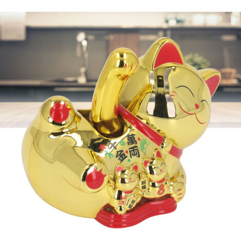 Amuleto de la suerte automático y con energía solar Chatou Fortune: un adorable gato que saluda con brazos que se mueven, con energía solar, de ABS, 10,5 x 9 cm, color dorado, ideal para exhibidores d