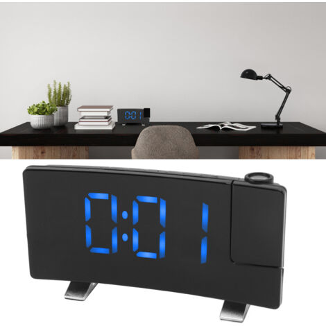 Radio despertador con pantalla LED de proyección curva, reloj digital, carcasa negra, letras azules Despertador con pantalla LED digital (azul) (1/5)