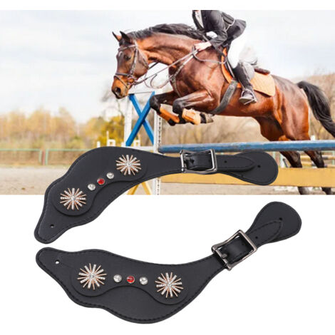Correas de espuelas estilo western vintage con pedrería floral, correas ajustables de piel sintética negra para jinetes, longitud 27,5 cm, 1 par. (1/5)