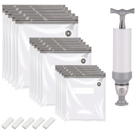 Vakuumbeutel zur Aufbewahrung von Lebensmitteln mit Pumpe, PA+PE-Beutel (15), Zip-Clips (5), Größen 21 x 22 cm, 26 x 28 cm, 26 x 34 cm, Grau (1/5)