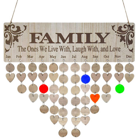 Calendario familiar DIY con etiquetas de madera – calendario de pared con 100 etiquetas para marcar cumpleaños – dimensiones: 40 x 12 cm – regalo original para la familia (1/5)