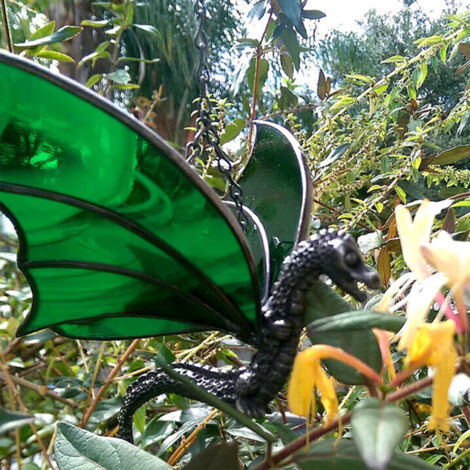 Figura de dragón para jardín, hecha de resina acrílica, 13 x 10 x 10 cm, decoración exterior resistente a la intemperie, pintada a mano con gran detalle, peso 260 g.