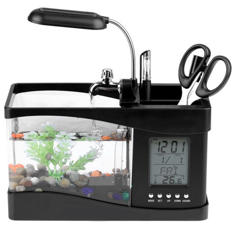 Multifunktionales Mini-Aquarium mit Uhr, USB-Anschluss und LED-Beleuchtung, erhältlich in Schwarz oder Weiß, Maße: 26,5 x 12,5 x 14 cm (1/5)