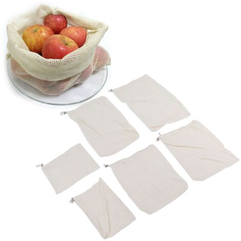 [Bolsa reutilizable con cordón] – 6 bolsas de algodón ecológicas para guardar fruta y alimentos – Tamaños surtidos (1/5)