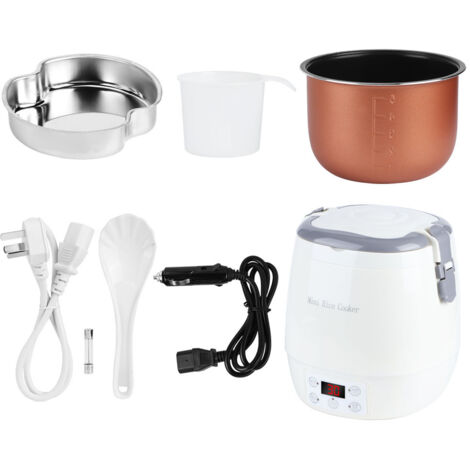 Arrocera eléctrica portátil con vaporera (1,6 l) – ABS blanco + acero inoxidable – 300 W para el hogar y 100 W para el coche – Mini arrocera práctica para llevar. (1/5)