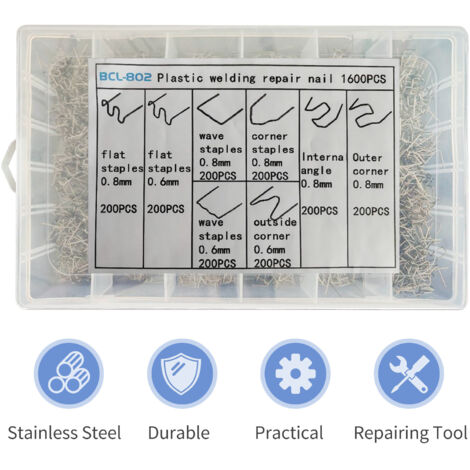 Kit de reparación termofusible para materiales termoplásticos: 1600 grapas de 0,6 mm/0,8 mm con caja de almacenamiento para parachoques de automóviles de ABS, PVC y nailon. (1/5)