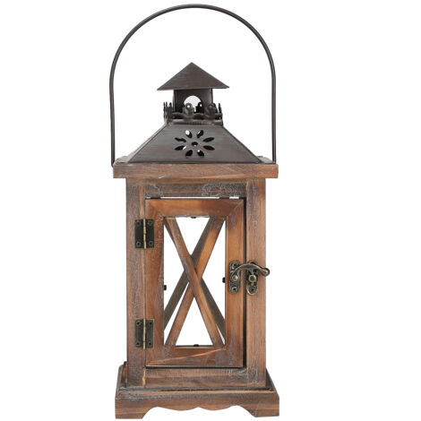 Farol colgante decorativo vintage para velas – carcasa de metal/madera, dimensiones 28 x 12,5 x 12,5 cm, marrón oscuro, decoración única para patio o terraza. (1/5)