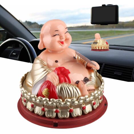 Estatua de Buda Maitreya con ventilador oscilante y sensor de luz solar, amuleto de la suerte hecho de plástico para oficina, coche, consola, decoración de mesa, caja registradora, 116 g, 9,5 x 11 cm
