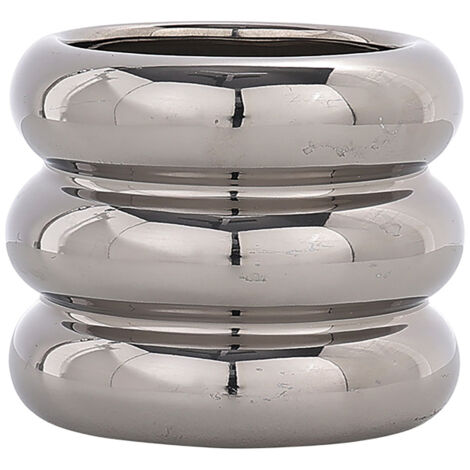 Jarrón minimalista y multifuncional con forma de rosquilla, fabricado en cerámica plateada, ideal para bodas, salones y oficinas: un objeto decorativo moderno.