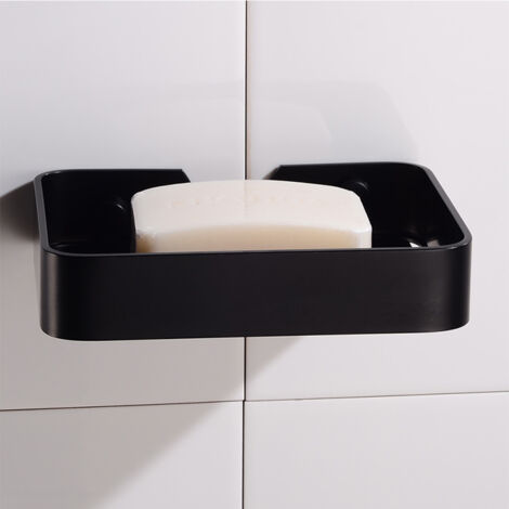 Schwarze Seifenschale aus Aluminium, Seifenhalter aus Aluminium für das Badezimmer mit Abflusssystem, Montage ohne Bohren oder Kleben erforderlich – 13,5 x 10 x 2,2 cm (1/5)