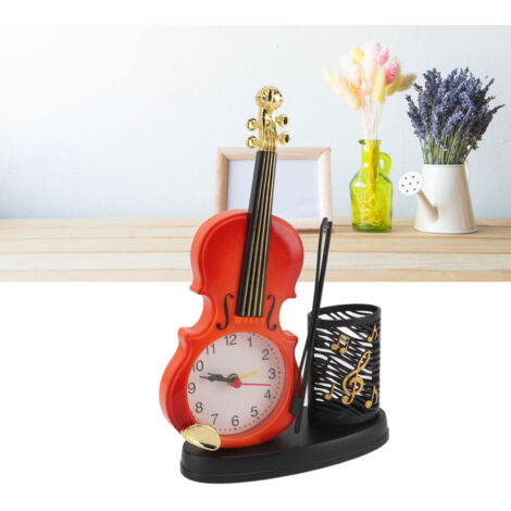 Reloj de mesa con forma de violín y alarma, modelo ABS, sacapuntas multifunción, color marrón, 15 cm, ideal para decoración musical, regalo perfecto para estudiantes. (1/5)