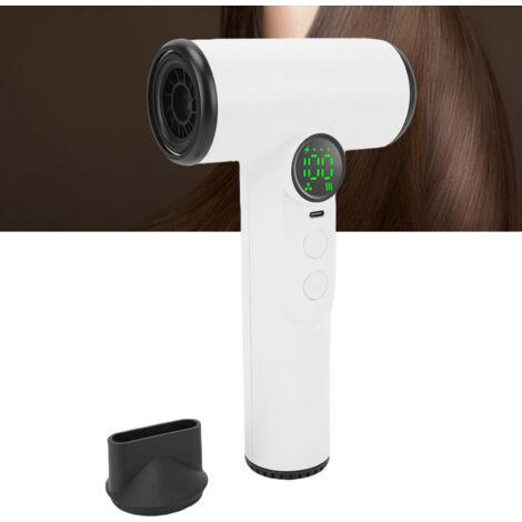 Secador de pelo inalámbrico Grear 100: batería de 15600 mAh, 30000 rpm, aire caliente/frío, pantalla digital, puerto USB-C, carcasa de ABS blanca, ideal para viajes y estudiantes.