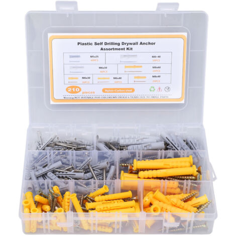 [Selbstschneidendes Schraubenset] Set mit 210 Kohlenstoff-Flachkopfschrauben mit Nylonstopfen für Gardinen [Verschiedene Modelle, übersichtlicher Koffer] (1/5)