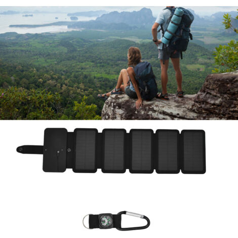 Cargador solar universal y portátil con dos salidas para baterías de móviles, plegable en 3 partes, negro, plegable en 5 partes