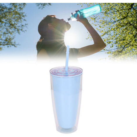 Doppelwandiger Becher mit Strohhalm und Deckel, 750 ml Fassungsvermögen, 290 g, robust, leicht, hellblaues PP (1/5)