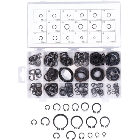 Satz mit 225 C-Rundclips aus schwarzem Metall und Gummi zur Befestigung und Sicherung von Kfz-Maschinen (1/5)