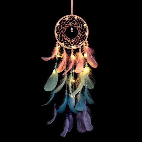 Atrapasueños luminoso, clarividencia, hecho a mano, plumero colorido, decoración de pared tejida a mano para el dormitorio con luces rosas, modelo VI G120cm (1/5)