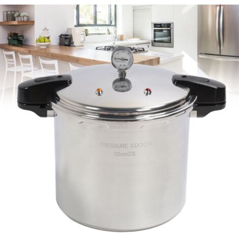 Olla a presión Alépée de aluminio de 23 litros con manómetro, alta capacidad, apta para cocinas de inducción y gas, amplia superficie de cocción.
