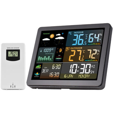 Estación meteorológica multifuncional con pantalla a color, sensores interiores/exteriores, función de alarma y pronóstico del tiempo: termómetro e higrómetro para hogares inteligentes. (1/5)