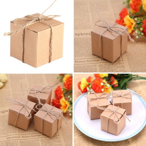50-teiliges Geschenkbox-Set aus Kraftpapier, braunes Hanfseil, 5 x 5 x 5 cm, Schokoladen-Gastgeschenke für Hochzeiten, Vintage-Eleganz (1/5)