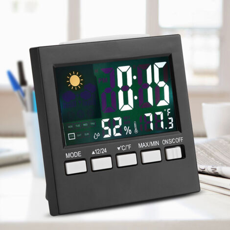 Digitales Thermometer und Uhr mit Wecker: Zeigt Uhrzeit, Temperatur, Luftfeuchtigkeit und Wettervorhersage an [LCD-Display mit Nachtlicht] [Schwarzes ABS-Material] [12-Stunden-/24-Stunden-Modus] [Schl (1/5)