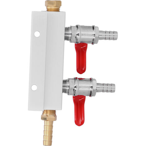 Colector de CO₂ de 2 vías con válvulas de control integradas de 5/16" para barras – aluminio, latón, acero inoxidable – conexión de dos líneas
