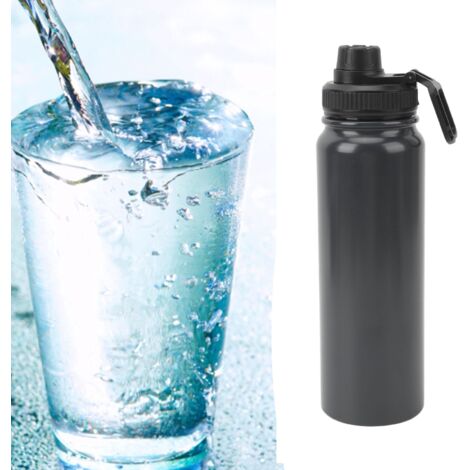 Isolierte Sport-Trinkflasche aus Edelstahl 304, mit ausziehbarem Griff, multifunktionaler Tragegriff für Reisen, Trekking, Camping und Angeln, 800 ml, Schwarz (1/5)