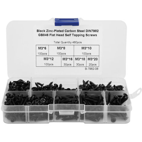 M3-Selbstbefestigungsschrauben: Packung mit 480 selbstschneidenden Flachkopf-Kohlenstoffschrauben (Schwarznickel) für schnelle Befestigung (1/5)