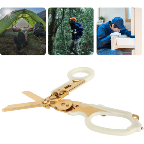 Klappbare Multifunktionszange mit Glasbrecher und beleuchtetem Griff – Notfallschere für Camping, Notfallsituationen und Traumata – Edelstahl, 20,5 cm, goldfarbener Kunststoffgriff (1/5)