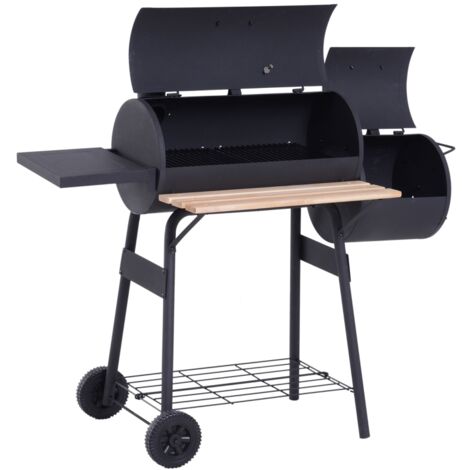 Barbecue à Charbon fumoir BBQ Grill Smoker sur Pied avec Couvercle, roulettes, thermomètre, étagères Acier laminé à Froid Noir (1/5)