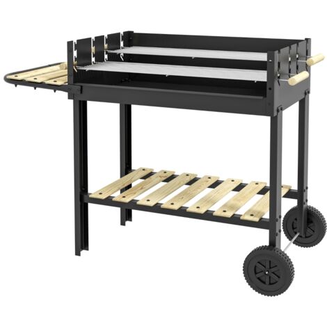 Grill à charbon, chariot à grill, 2 surfaces de grill, 2 roues, poignées, étagères, 113 x 53,5 x 82,5 cm, noir (1/5)
