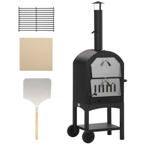 Four à Pizza extérieur au Charbon de Bois - Barbecue sur roulettes - Four à Bois - Pierre réfractaire - cheminée, jauge température - Acier au Carbone Noir Gris