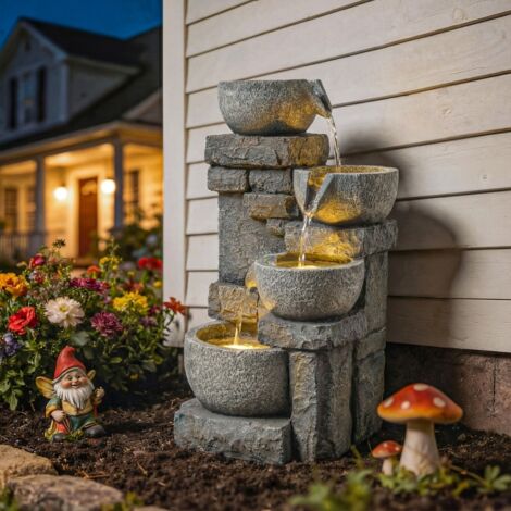 Fontaine de Jardin Cascade 4 Niveaux Décoration Effet Pierre et Brique avec LED 28 x 25 x 54.5 cm