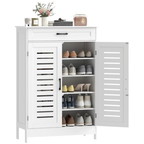 Meuble à chaussures 20 paires, armoire à chaussures avec 2 portes persiennes, tiroir et étagères réglables, blanc (1/5)