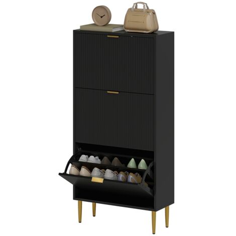 Meuble à chaussures 18 paires avec 3 tiroirs rabattables, portes cannelées et étagères réglables,60x24x122,5cm, noir (1/5)