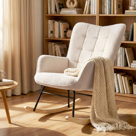 Fauteuil à bascule rocking chair revêtement effet laine bouclée, structure en acier 71 x 98 x 101 cm beige (1/5)