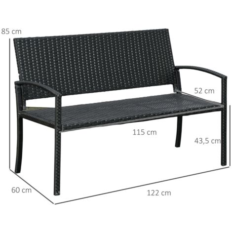 Banc de jardin, aspect rotin, avec structure en acier, pour 2 personnes, noir, 122 x 60 x 85 cm (1/5)
