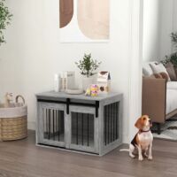 Cage caisse pour chien animaux intérieur porte coulissante, métal effet bois