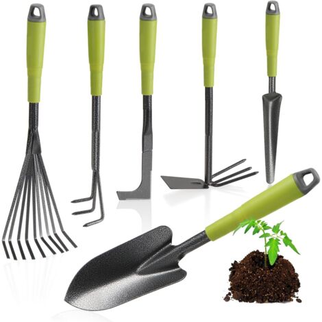 Kit 6 outils jardinage robustes, manche caoutchouc souple, pelle râteau houe 2-en-1 désherbeur, cadeau jardinage hommes femmes