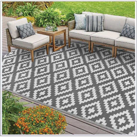 Tapis de jardin imperméable antidérapant imitation paille résiste UV facile à nettoyer 120x180cm gris blanc pour terrasse plage