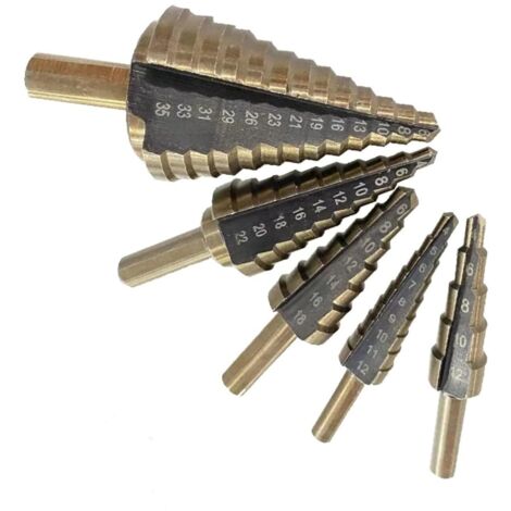 5 forets progressifs métriques 44 diamètres - Acier rapide revêtement titane - Unibit étagé multi-trous - pour tôle, inox, alu - (DE-STEP) (1/5)