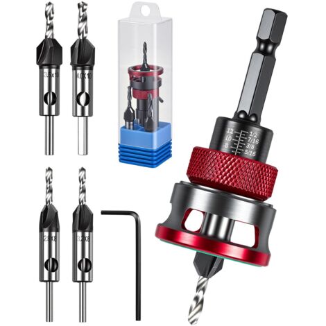 Jeu forets chanfreiner bois - Fraise avec butée profondeur réglable alu - Tige hex 1/4" - HSS-M2 - Tête fraisée pour travail du bois