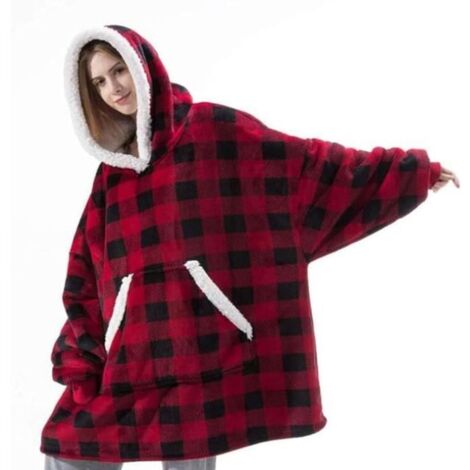Coperta con cappuccio per adulti, coperta in pile da divano con maniche, da donna/uomo, con tasche, copri TV portatile, invernale, 118x80 cm, rossa (1/4)