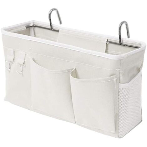 Borsa organizer da letto con gancio in metallo, borsa da appendere, borsa portaoggetti per letto a soppalco per libri, riviste, cellulari, cuffie (bianca) (1/4)