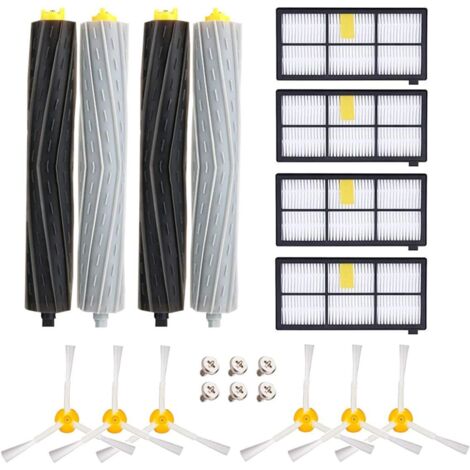 Accessori per iRobot Roomba 800 805 860 861 865 866 870 871 876 880 885 886 890 895 896 900 960 966 980, Kit di ricambi: 4 estrattori, 4 filtri HEPA, 6 spazzole laterali, 6 viti (1/5)