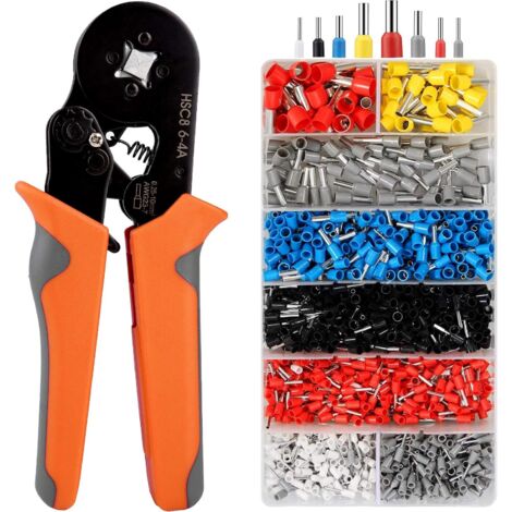 Pinza crimpatrice con 1200 terminali a crimpare isolati da 0,25 mm² a 10 mm². Utensili per crimpatura - [Pinza crimpatrice + 1200 terminali], Attrezzo professionale per elettricisti, Puntali per cavi